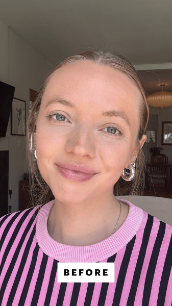 A selfie of Allure senior art director Ingrid Fowler before applying Rare Beauty Positive Light Silky Touch Highlighter...