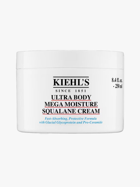 Kiehl’s Since 1851 Ultra Body Mega Moisture Squalane Cream in branded tub component on a light gray background